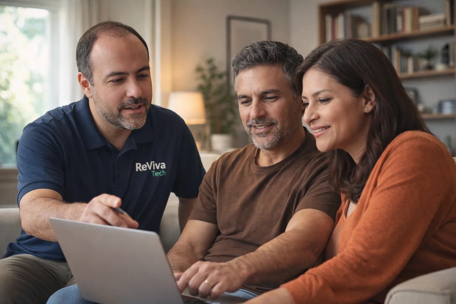 RevivaTech technician helping customers with computer setup