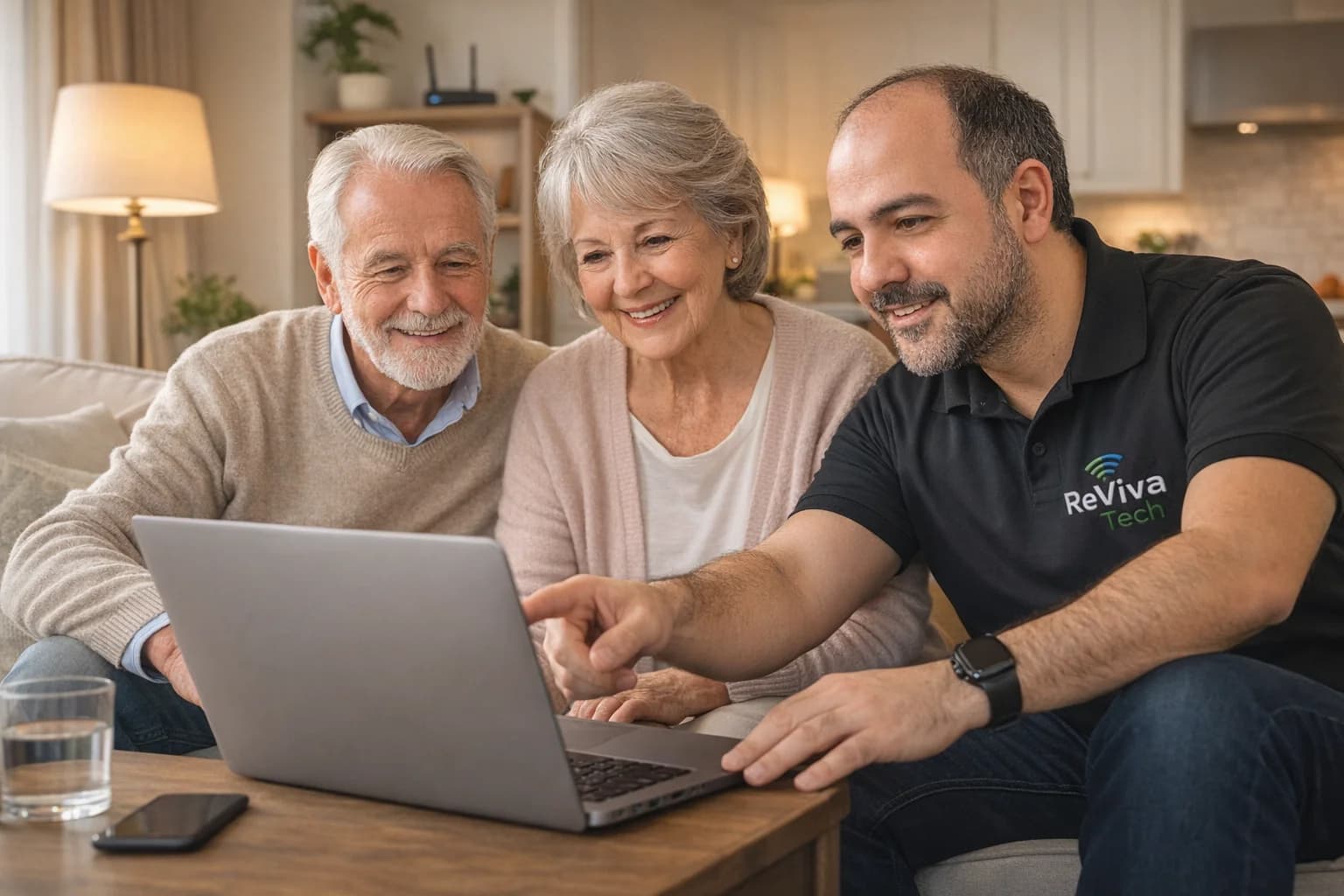 RevivaTech technician patiently explaining technology to elderly couple