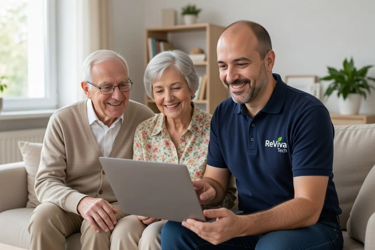 RevivaTech technician helping elderly couple with laptop at their home