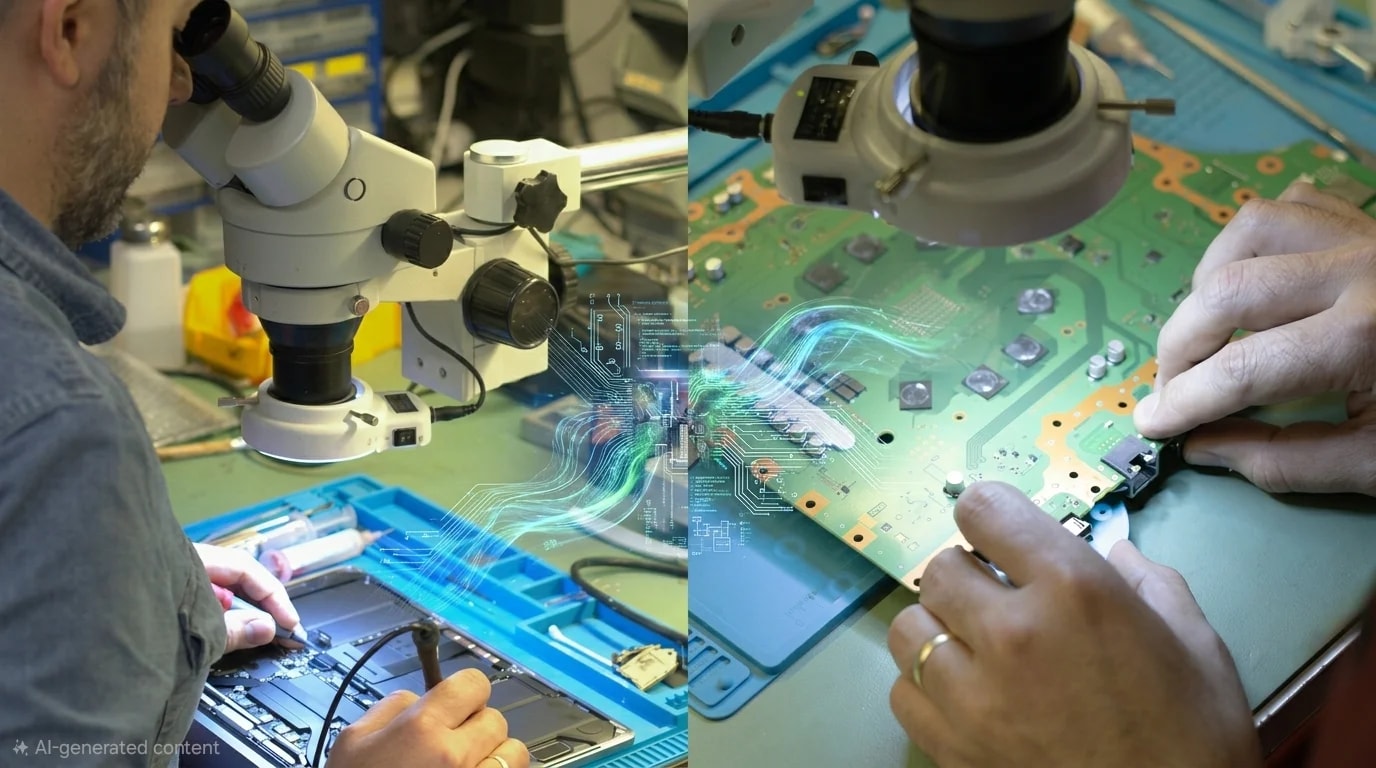 Computer repair technician performing microscope board inspection and PCB soldering at RevivaTech Bournemouth