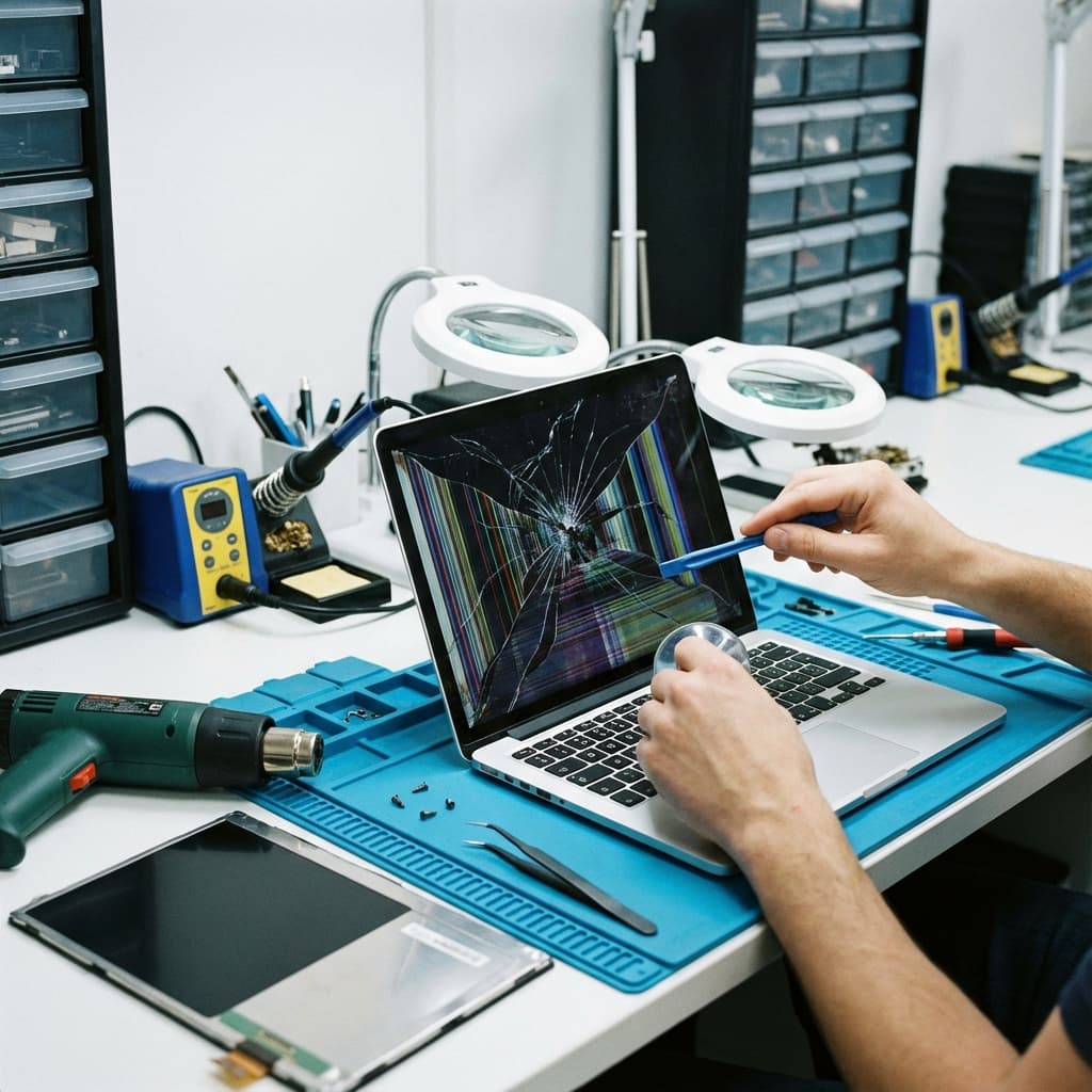 Laptop with cracked screen being replaced by technician