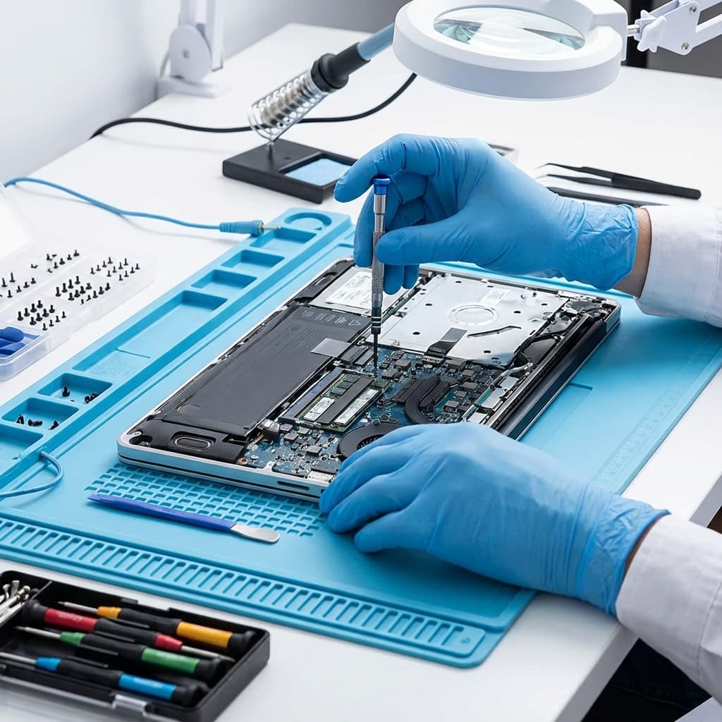 Illustration of a MacBook logic board repair