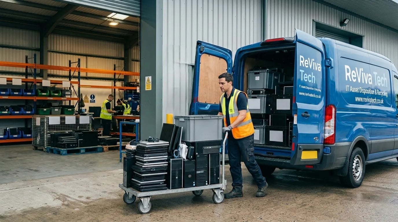 ReViva Tech IT recycling collection — worker unloading laptops and desktops from branded van at warehouse